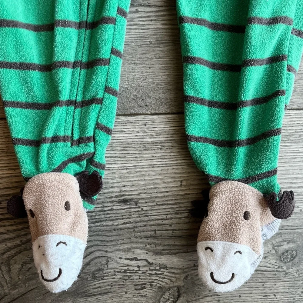 Carter’s Green & Gray Stripe Moose One Way Footed Zippy Pajama